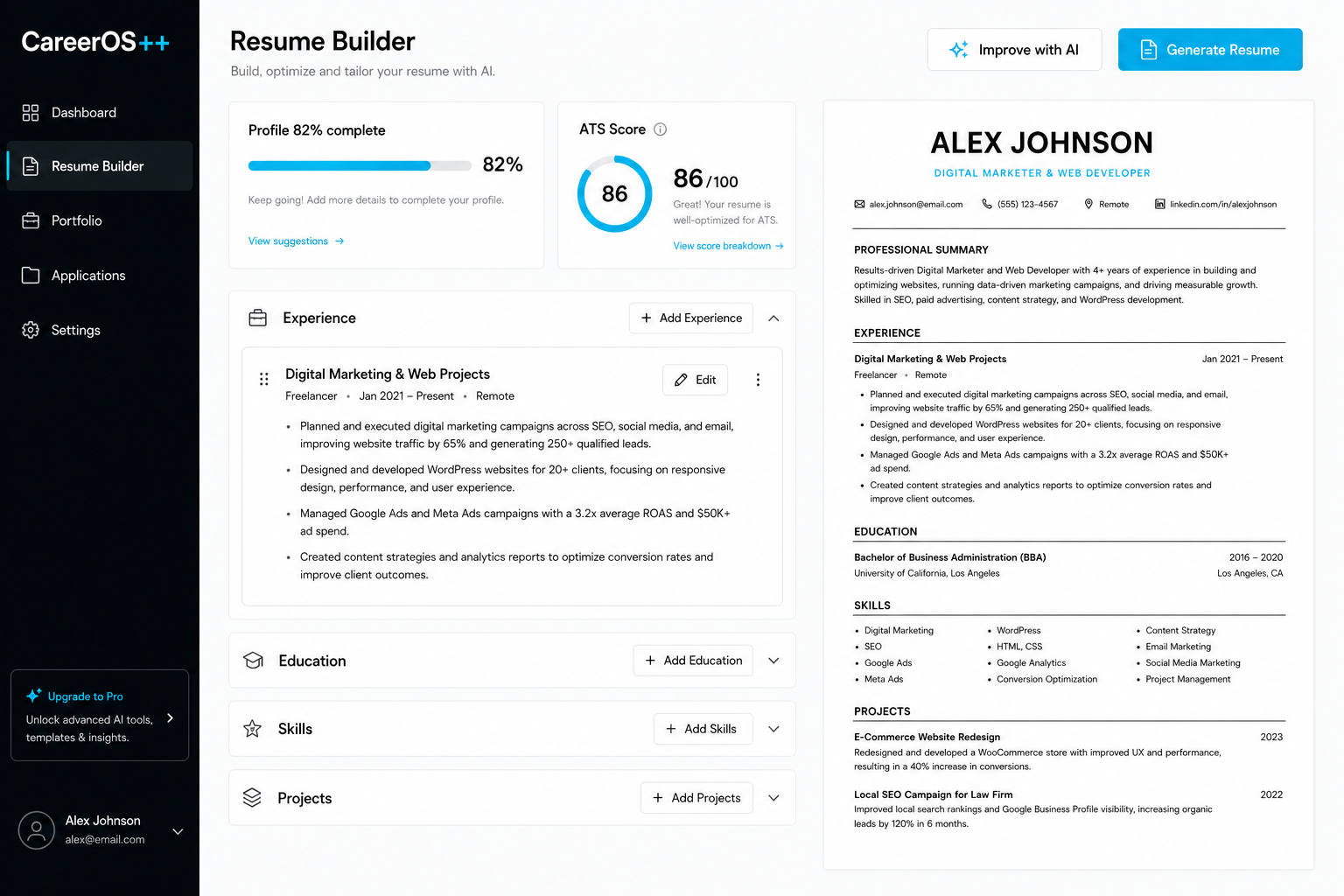 CareerOS++ AI resume generator with profile completion, ATS score, editable career sections and recruiter-ready resume preview